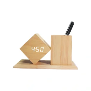 Modern Wooden Digital Alarm Clock & Pen Holder - Voice Activated, Temp, Date, USB-C