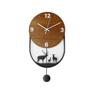 Modern Wood & Metal Pendulum Wall Clock - Silent Deer or Bird Design Home Decor