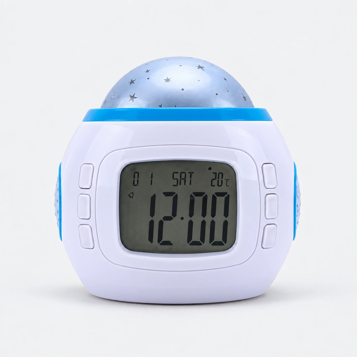white digital alarm clock White digital alarm clock with a blue top and front display shown against a plain background.