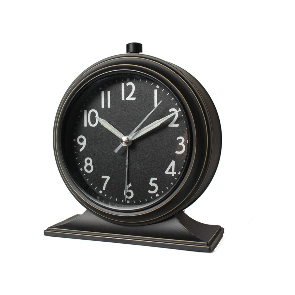 260906012680 Vintage silent analog desk alarm clock in black with retro tabletop stand